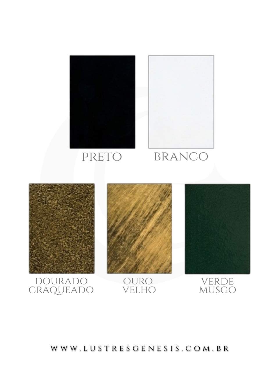 Cores de Poste de Luz Colonial R&uacute;stico: preto, branco, dourado craqueado, ouro velho e verde musgo.